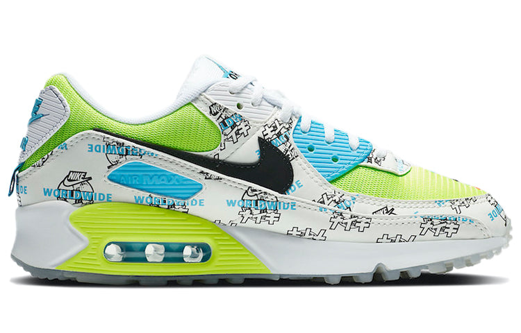 Nike Womens Air Max 90 'Worldwide - Katakana Logo' White/Blue Fury/Black/Volt DA1342-107