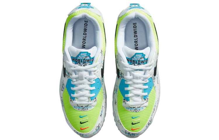 Nike Womens Air Max 90 'Worldwide - Katakana Logo' White/Blue Fury/Black/Volt DA1342-107