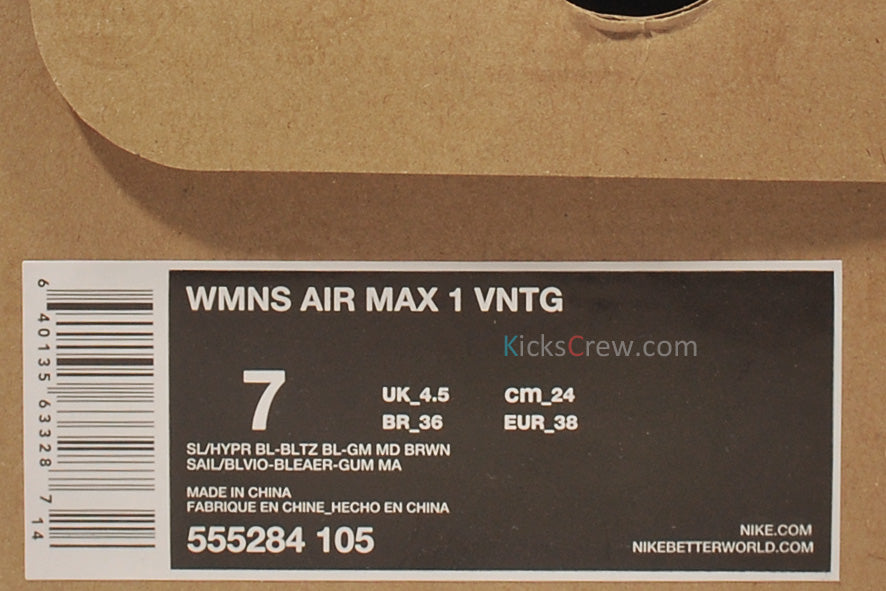 Nike Womens Air Max 1 VNTG Hyper Blue Lightning 555284-105