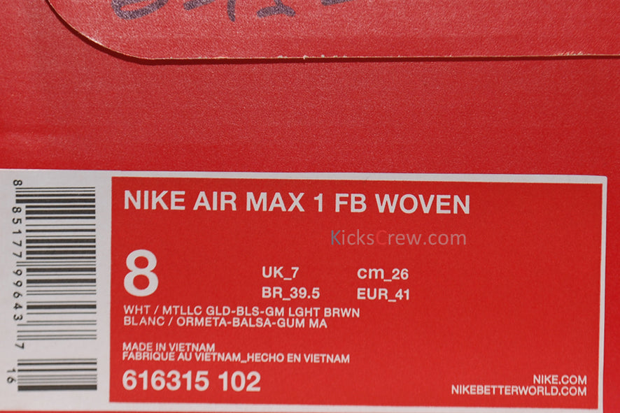 Nike Air Max 1 FB Woven White Metallic Gold 616315-102