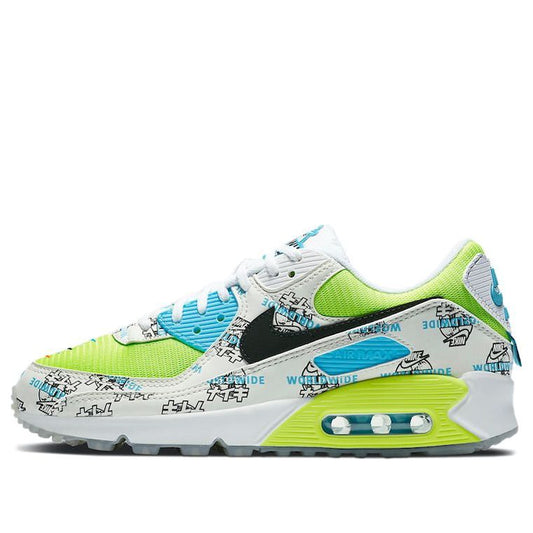 Nike Womens Air Max 90 'Worldwide - Katakana Logo' White/Blue Fury/Black/Volt DA1342-107