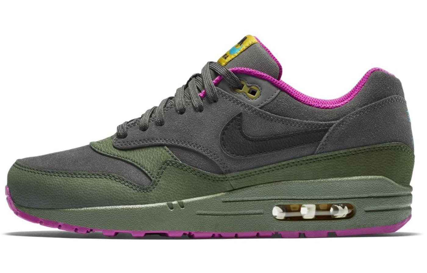 Nike Air Max 1 Leather 'Pewter Carbon Green' Dark Pewter/Black/Carbon Green/Fuchsia Flash 654466-008 KICKSOVER