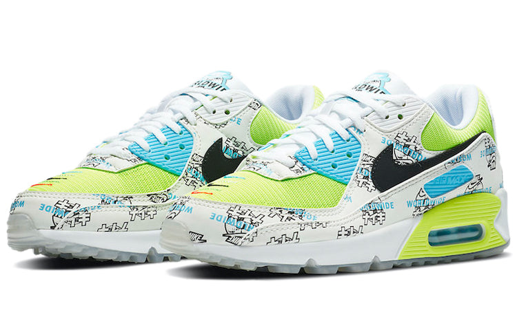 Nike Womens Air Max 90 'Worldwide - Katakana Logo' White/Blue Fury/Black/Volt DA1342-107 KICKSOVER