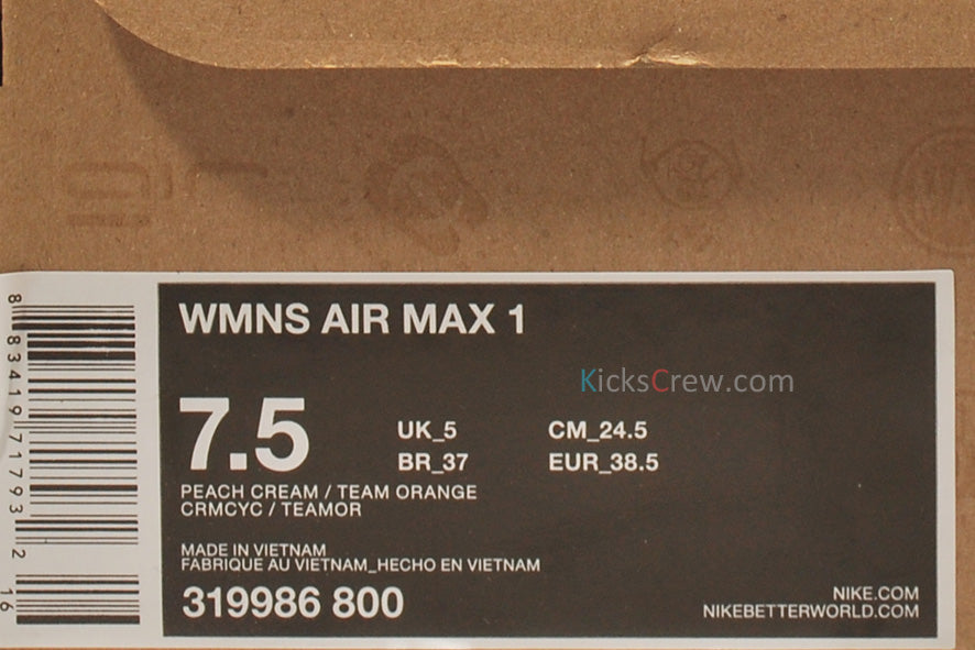 Nike Womens Air Max 1 ND Peach Cream Team Orange 319986-800