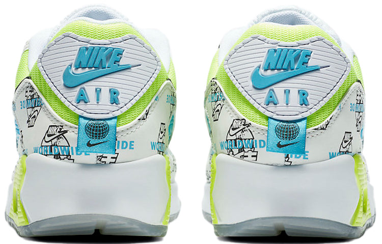 Nike Womens Air Max 90 'Worldwide - Katakana Logo' White/Blue Fury/Black/Volt DA1342-107 KICKSOVER