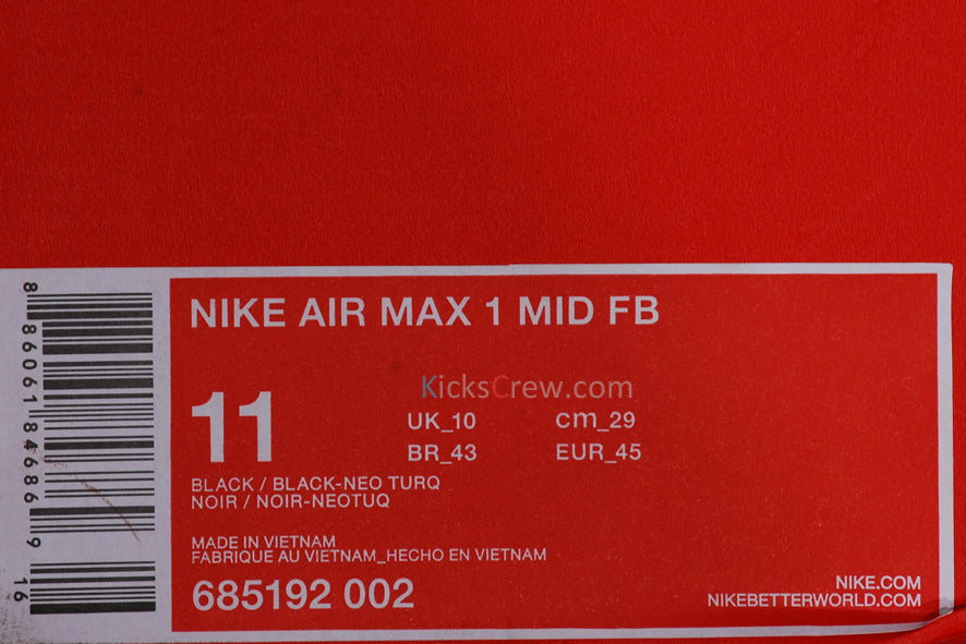 Nike Air Max 1 Mid FB Black Neo Turquoise 685192-002