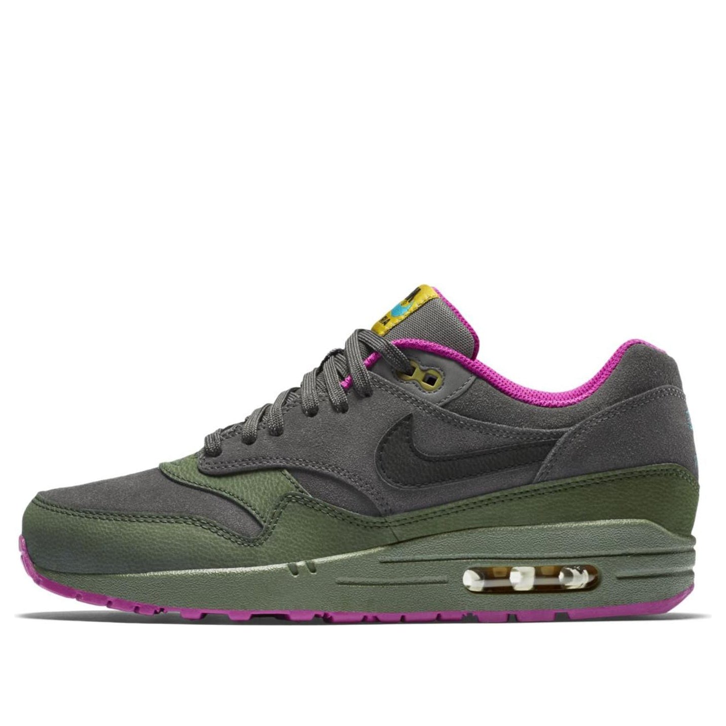 Nike Air Max 1 Leather 'Pewter Carbon Green' Dark Pewter/Black/Carbon Green/Fuchsia Flash 654466-008 KICKSOVER