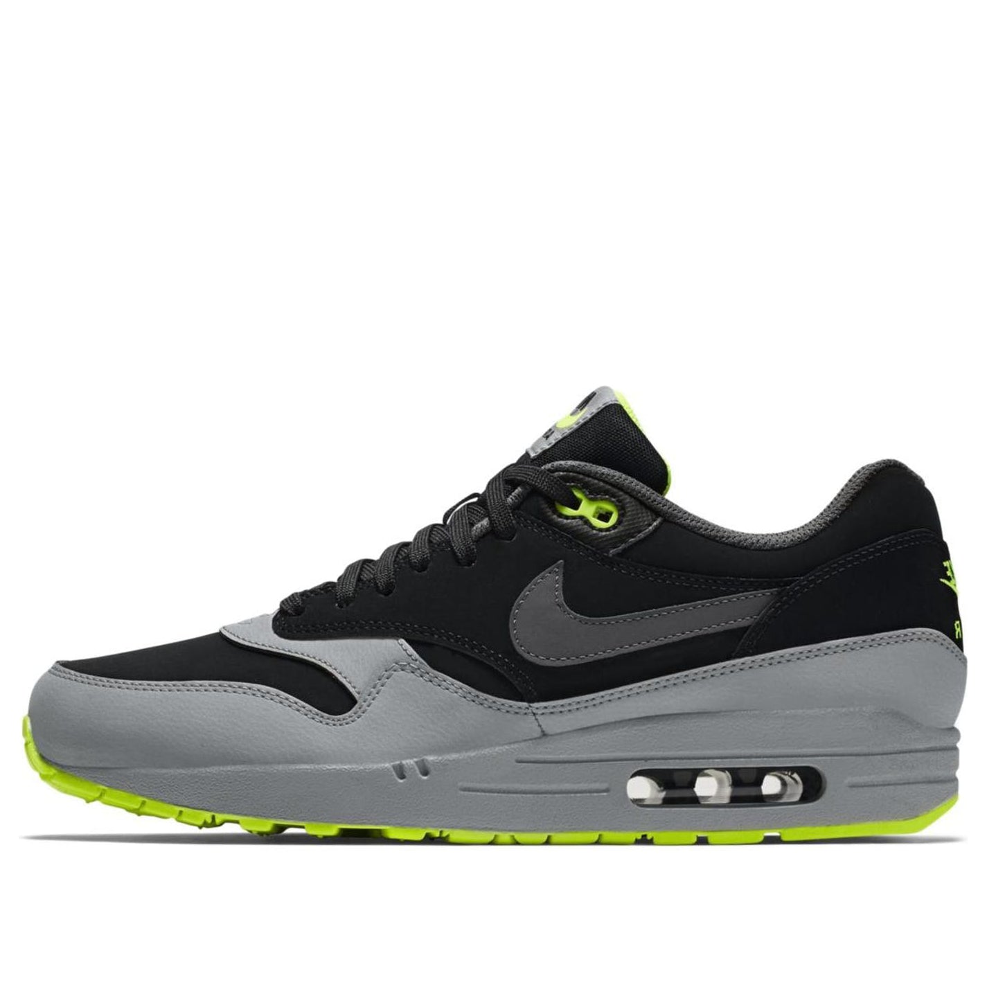 Nike Air Max 1 Leather 'Black Silver Volt' Black/Dark Grey/Silver/Volt 654466-007 KICKSOVER