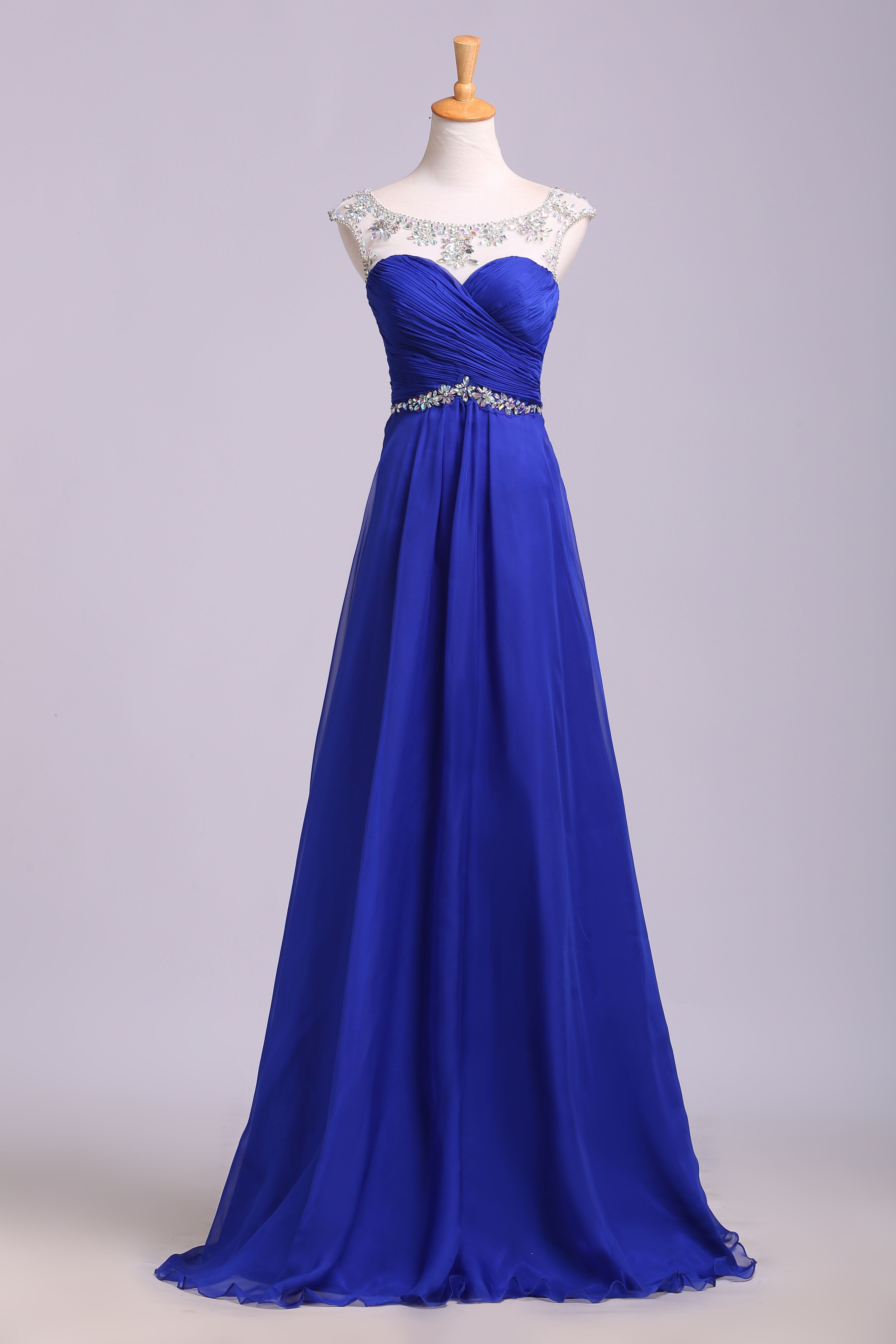 Royal Blue Floor Length Chiffon Prom Dress with Rhinestone Belt, Eveni ...
